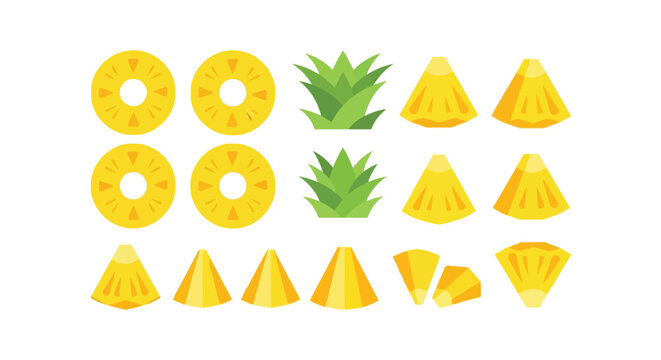 Assorted pineapple fruit slices and leaves in flat design on a white background Keywords: pineapple, fruit, tropical, food, sweet, juicy, slice