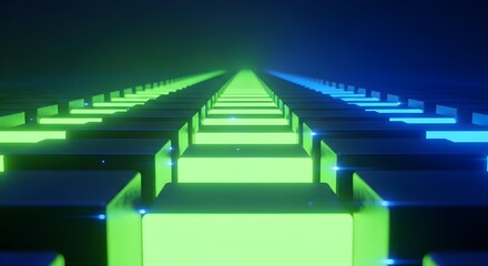 Fototapeta premium Long perspective of glowing green and blue cubes creating a futuristic digital tunnel with abstract