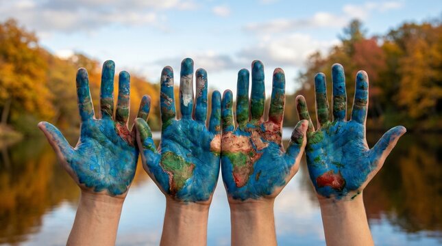 Hands painted with world map representing global unity environmental awareness diversity and earth day concept