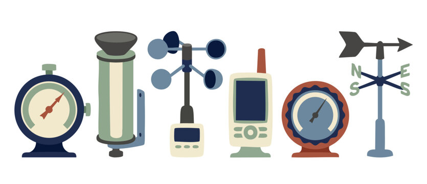 Weather Station Instruments Icons Set, Meteorological Tools for Climate Measurement, Barometer Anemometer Rain Gauge and Wind Vane Collection for Science Education, Vector Flat Graphic Isolated on Whi