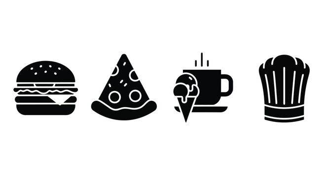 Black Icons of Fast Food and Chef Hat on White Background vector illustration