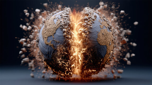Exploding planet earth destruction fire debris dramatic cosmic energy illustration high fidelity