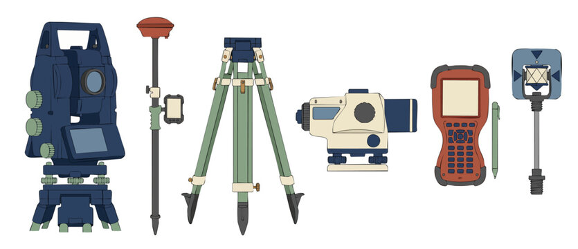 Surveying Equipment Set: Total Station, Tripod, GPS, and Leveling Tools for Land Measurement. Professional Geodetic Geomatics Engineering Vector Illustration for Site Analysis, Construction, and Topog