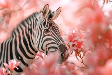 Obraz premium Zebra head looking to the right surrounded by vibrant pink blossoms with a soft focus background