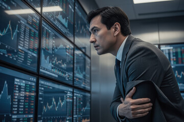 Fototapeta premium Investor analyzing multiple trading screens in a modern trading control room