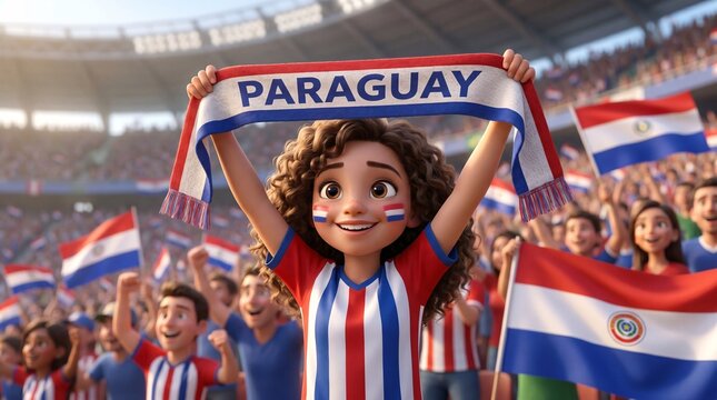 A cartoon Paraguayan football fan supports the national team at the stadium, raising a "Paraguay" scarf over his head, while national flags flutter in the crowded stands.