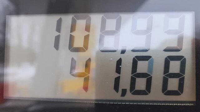 Digital counter on a gas pump displaying the increasing cost and amount of fuel being dispensed. The numbers on the electronic screen are rapidly changing, showing the rising price of gasoline