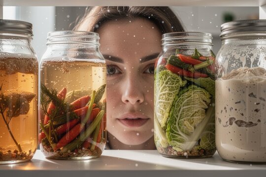 Woman examining jars of kombucha and kimchi inside a refrigerator shelf