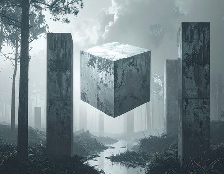Monolith cube of weathered stone hovers above a dark, reflective swampy landscape surrounded by tall, decaying pillars under a moody, overcast sky with soft, diffused light.
