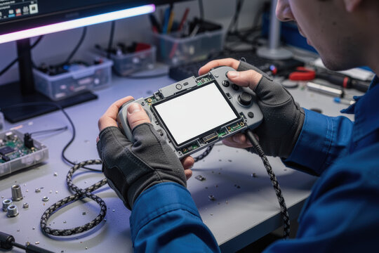 Man repairing handheld game console with gloved hands and exposed circuitry