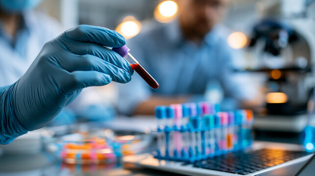 Macro close-up of a single softly defocused gloved hand drawing a bright blood sample using a soft tube holder in a clean clinical laboratory, lab technician, faceless macro, blue
