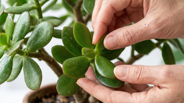 Hands caring for jade plant leaves in a bright indoor setting  