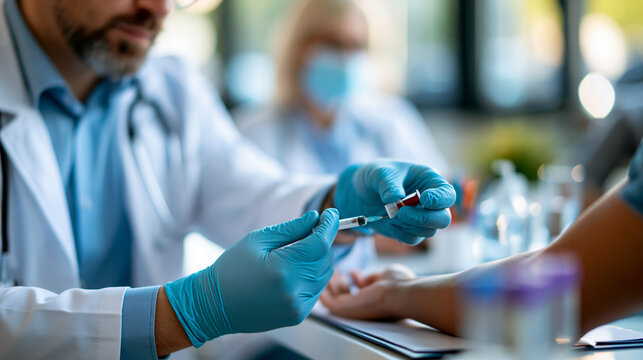 Macro close-up of softly defocused gloved hands gently performing a bright blood draw service on a patient arm with sterile rubber gloves, lab assistant, faceless macro, soft