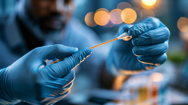 Macro close-up of softly defocused gloved hands gently taking a soft DNA sample with a bright cotton swab in a softly defocused indoor setting, DNA test, faceless macro, soft