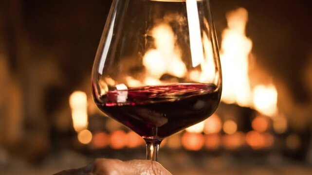 Person holding a glass of red wine in front of a warm fireplace, cozy atmosphere and relaxing evening lifestyle.