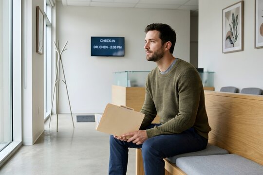 Young man sitting in a clinic waiting room with a medical file