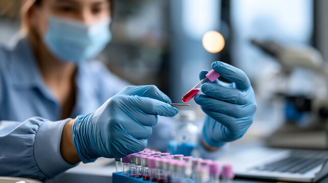 Macro close-up of softly defocused gloved medical hands gently taking a bright blood sample for a test in a softly defocused modern laboratory, medical professional, blood test,