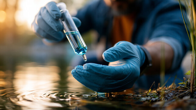 Macro close-up of softly defocused gloved researcher hands taking a bright water sample from a softly defocused lake outdoors, water quality examination, faceless macro, soft