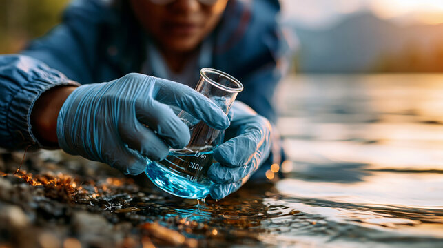 Macro close-up of softly defocused gloved researcher hands taking a bright water sample from a softly defocused lake outdoors, water quality examination, faceless macro, soft
