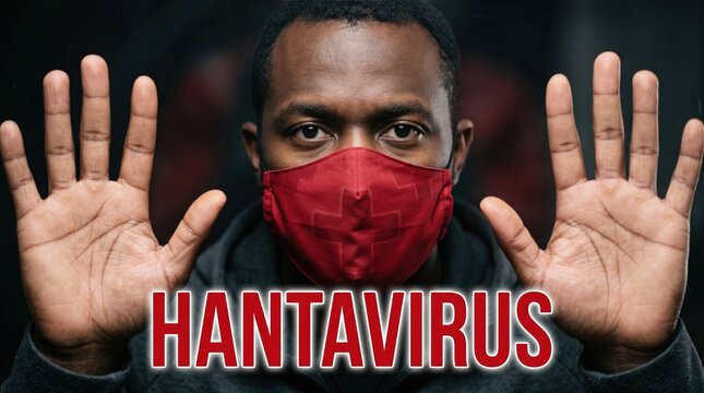 Male wearing red mask with hands raised in front of face, emphasizing the Hantavirus epidemic, dark background highlighting the urgency of health awareness