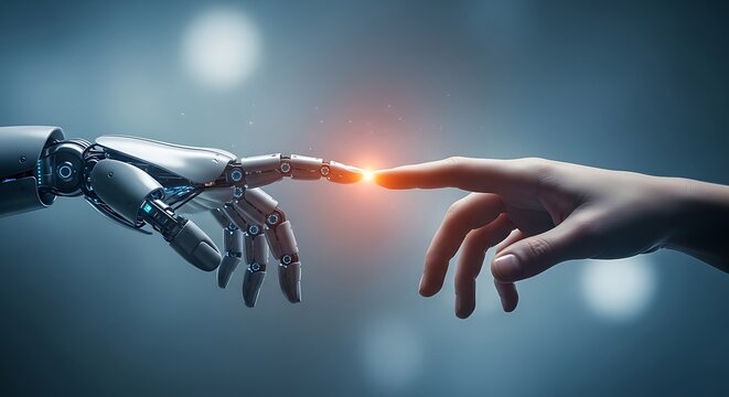 The creation of artificial intelligence a robotic and human hand connection