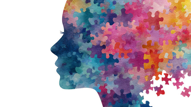Abstract watercolor silhouette made of colorful puzzle pieces symbolizing mental health, neurodiversity, emotional complexity, autism awareness, identity, healing, creativity, and the interconnected h