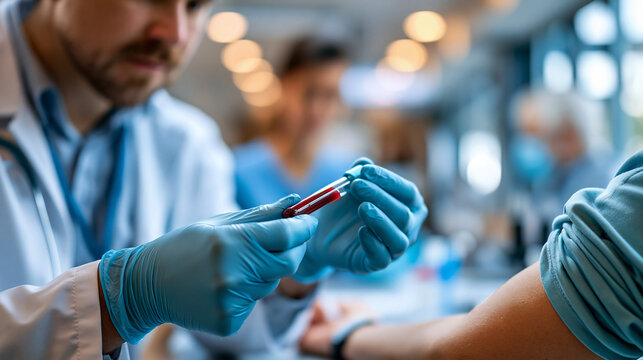 Macro close-up of softly defocused gloved hands gently taking a bright blood sample from a patient arm in a softly defocused modern hospital, blood draw, faceless macro, sterile