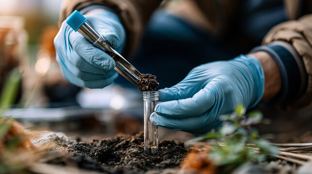 Macro close-up of softly defocused gloved hands placing a bright soft soil sample into a clean test tube on a softly defocused field surface, soil sampling, faceless macro, soft