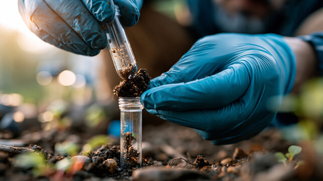 Macro close-up of softly defocused gloved hands placing a bright soft soil sample into a clean test tube on a softly defocused field surface, soil sampling, faceless macro, soft
