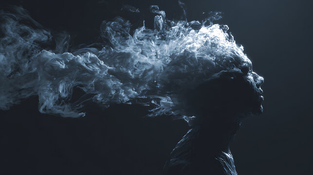 Surreal mental health concept with dissolving mind and smoke, symbolizing anxiety, depression, emotional instability, psychological stress, trauma, and inner mental collapse