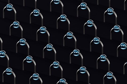 Abstract 3D background featuring glossy blue glass spheres combined with metallic arch shapes on a dark background. Suitable for wallpapers, presentations, banners