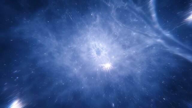 Ethereal glowing cosmic tree of life in deep space with stars and nebula, abstract blue energy tree digital art illustration