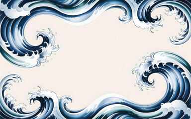 Fototapeta premium Japanese Ocean Wave Frame Background with Vintage Style