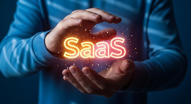 Hands holding a glowing 'saas' hologram the future of software solutions