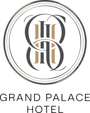 Grand palace hotel logo design with elegant monogram and circle outline on neutral background symbolizing luxury and upscale accommodation business.