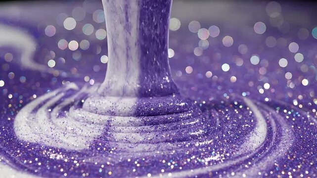 Close up of purple glitter slime being poured and swirled.