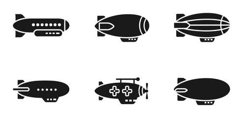 Airship Icons Set, Blimp Vector Graphics, Zeppelin Collection, Dirigible Symbols for Transport and Travel © Fokir
