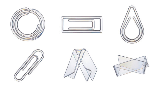 Transparent acrylic clip collection for office, editorial and productivity themed compositions, isolated on White background