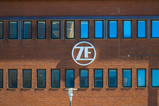 Gothenburg, Sweden - April 24 2026: Industrial building with ZF logo on brick exterior wall in daylight urban environment.