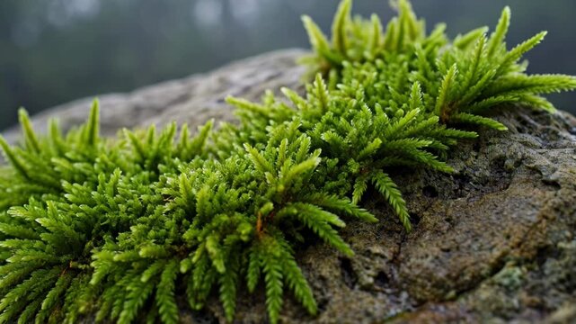 Closeup of vibrant green moss growing on a textured rock