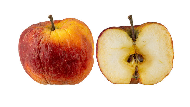 Sluggish rotten whole and half red apple fruits isolated on white. Healthy diet and food waste concept. Life circle of apple fruit from fresh to rotten.