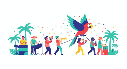 Fototapeta premium Caribbean Carnival Parade with Music, Parrot Float, and Palm Trees