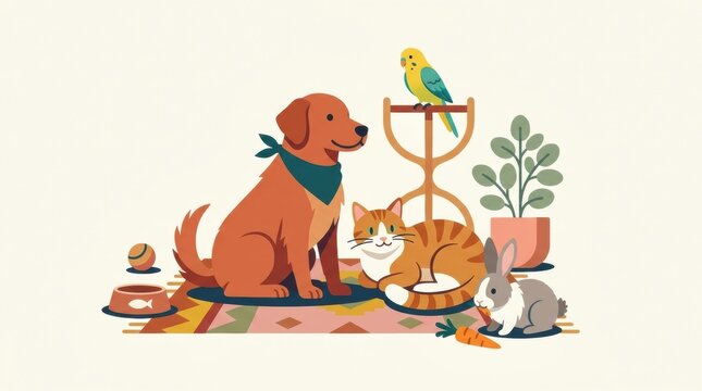 A dog, cat, rabbit, and parakeet share space in a living area with toys and plants. They are relaxed and comfortable together in this home.