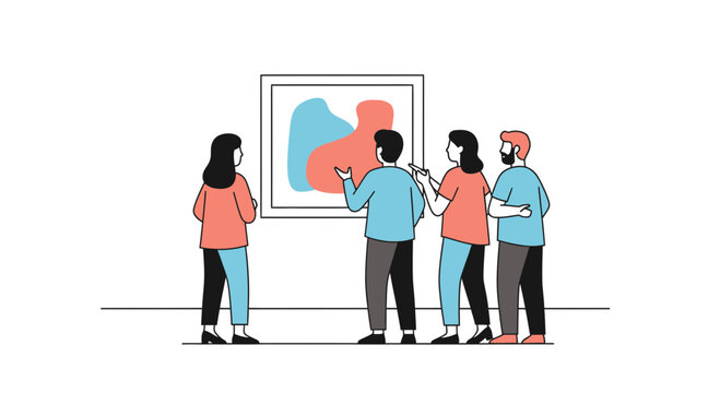 Art gallery visitors observing abstract painting on white wall, modern exhibition