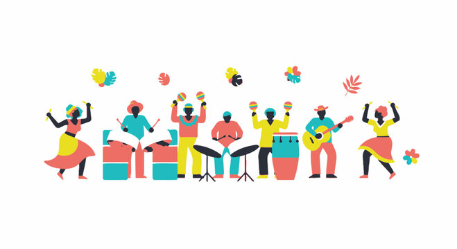 Cuban Music Band Dancing and Playing Instruments, Festive Atmosphere