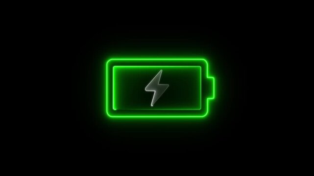 glowing neon symbol of vertical symbol of charging empty battery isolated on black background. glowing battery icon with Lightning bolt symbol. Neon glowing battery charging