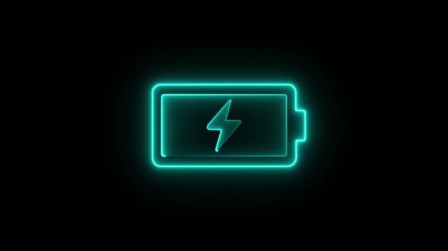 glowing neon symbol of vertical symbol of charging empty battery isolated on black background. glowing battery icon with Lightning bolt symbol. Neon glowing battery charging
