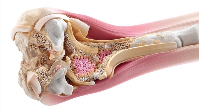 Illustration shows canine elbow joint with fragmented coronoid process and changes seen in elbow dysplasia compared to healthy elbow joint anatomy.