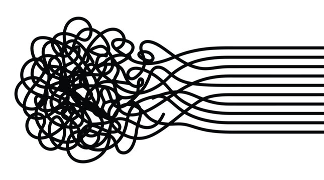 Abstract illustration showing a chaotic tangle of black lines transitioning into smooth straight parallel paths