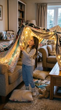 Child building cozy blanket fort